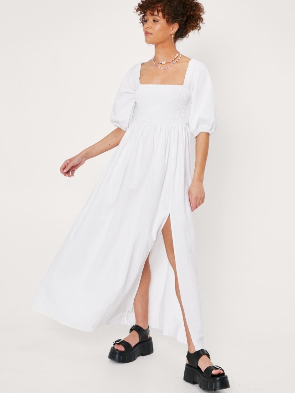 Shirred Puff Sleeve Maxi Slit Dress, 100% Cotton